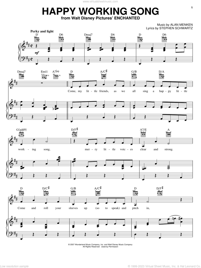 Happy Working Song (from Enchanted) sheet music for voice, piano or guitar by Amy Adams, Enchanted (Movie), Alan Menken and Stephen Schwartz, intermediate skill level