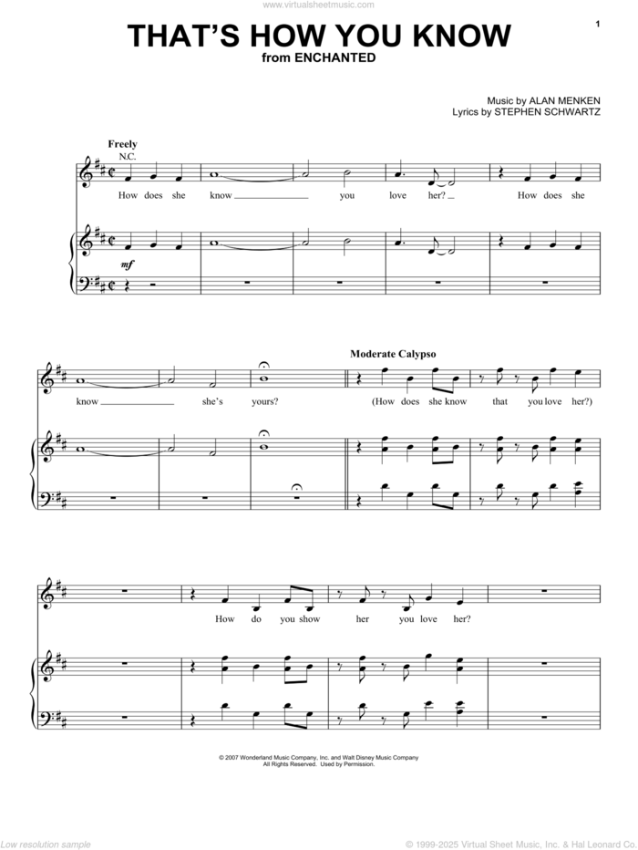 That's How You Know (from Enchanted) sheet music for voice, piano or guitar by Amy Adams, Enchanted (Movie), Alan Menken and Stephen Schwartz, intermediate skill level