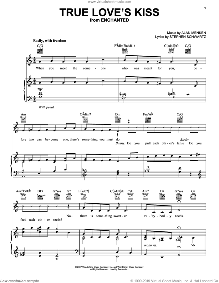 True Love's Kiss (from Enchanted) sheet music for voice, piano or guitar by Amy Adams, Enchanted (Movie), Alan Menken and Stephen Schwartz, intermediate skill level