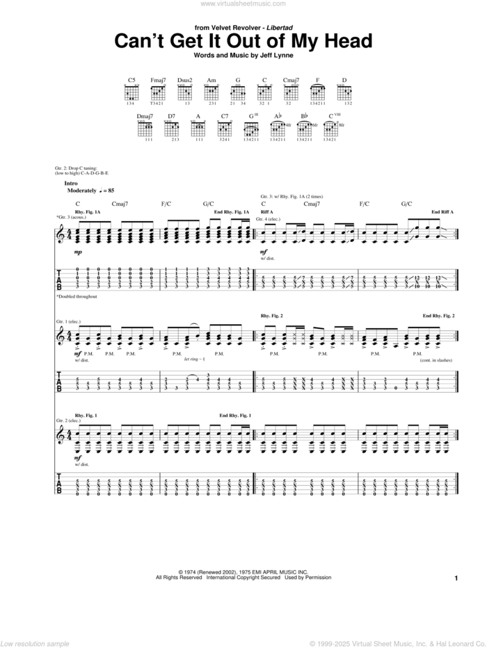 Can't Get It Out Of My Head sheet music for guitar (tablature) by Velvet Revolver, Electric Light Orchestra and Jeff Lynne, intermediate skill level