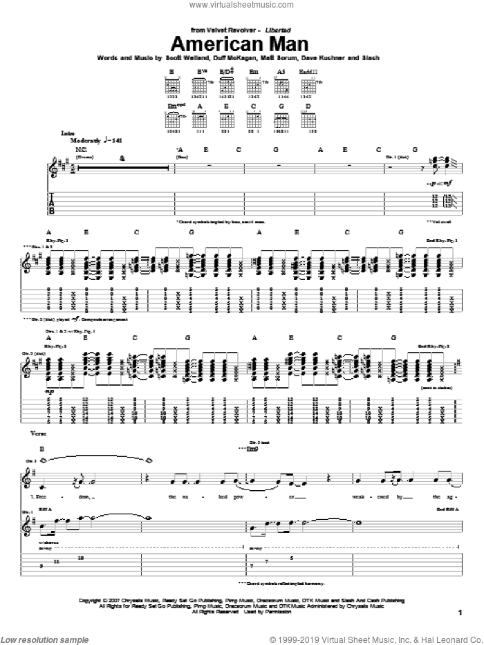 American Man sheet music for guitar (tablature) by Velvet Revolver, Dave Kushner, Duff McKagan, Matt Sorum, Scott Weiland and Slash, intermediate skill level