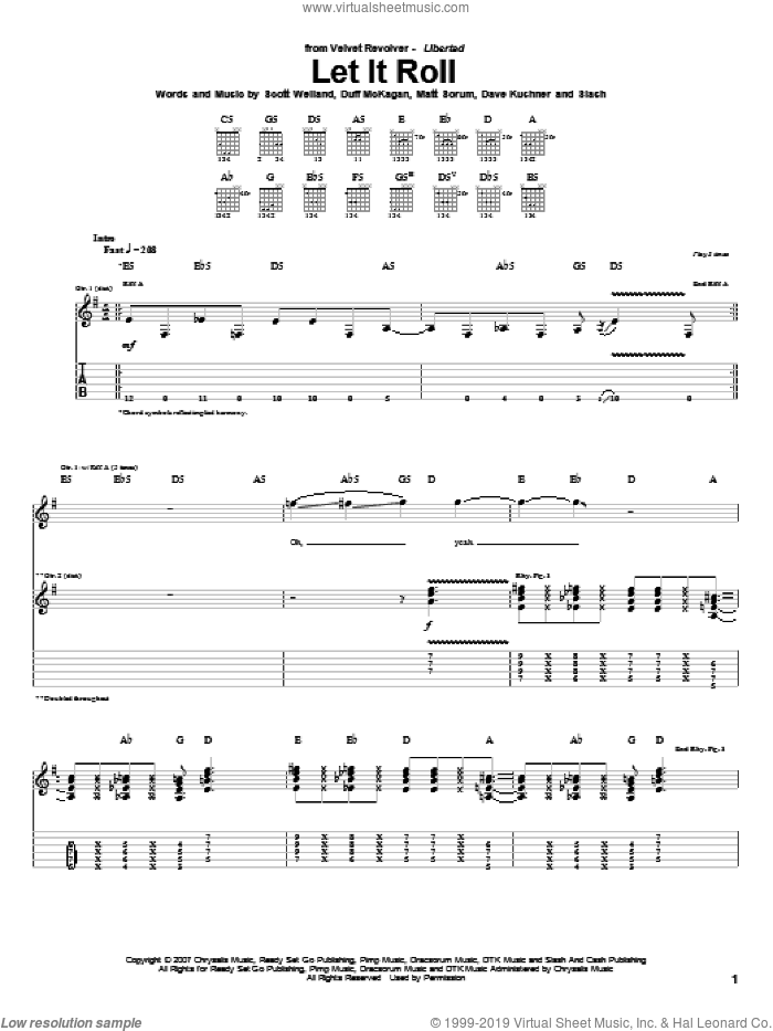 Let It Roll sheet music for guitar (tablature) by Velvet Revolver, Dave Kushner, Duff McKagan, Matt Sorum, Scott Weiland and Slash, intermediate skill level