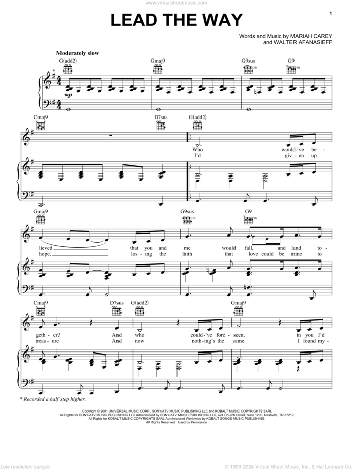 Lead The Way sheet music for voice, piano or guitar by Mariah Carey and Walter Afanasieff, intermediate skill level