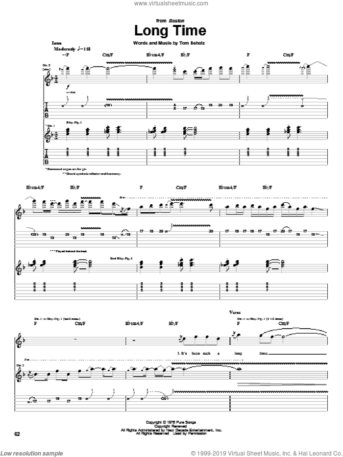 Long Time sheet music for guitar (tablature) by Boston and Tom Scholz, intermediate skill level