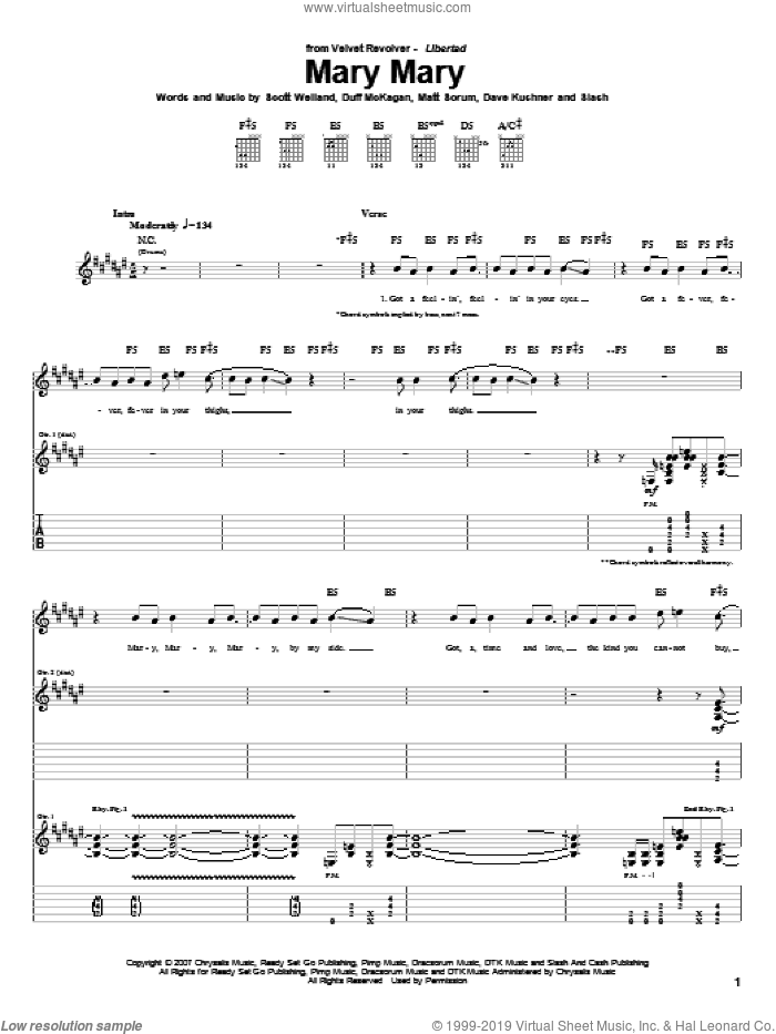 Mary Mary sheet music for guitar (tablature) by Velvet Revolver, Dave Kushner, Duff McKagan, Matt Sorum, Scott Weiland and Slash, intermediate skill level