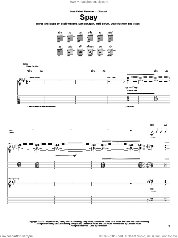 Spay sheet music for guitar (tablature) by Velvet Revolver, Dave Kushner, Duff McKagan, Matt Sorum, Scott Weiland and Slash, intermediate skill level