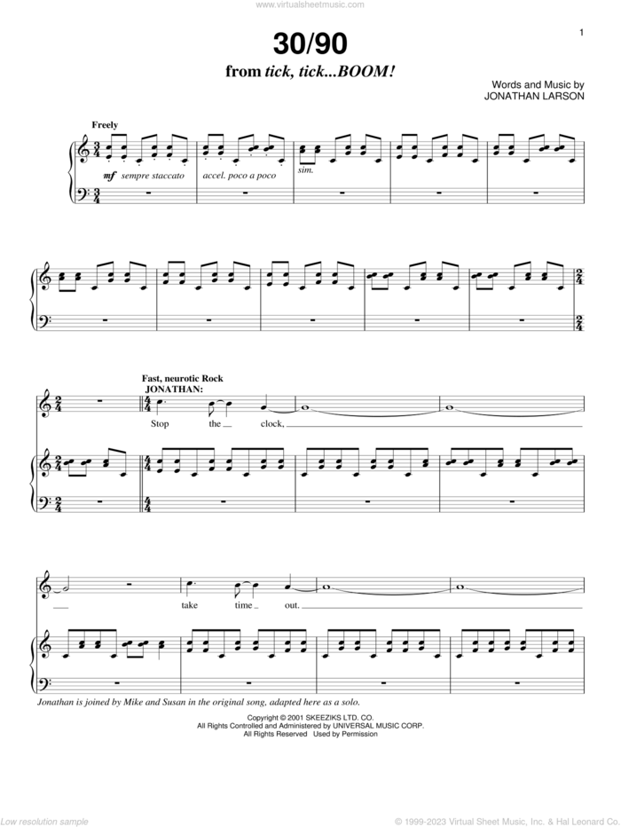 30/90 (from tick, tick... BOOM!) sheet music for voice and piano by Jonathan Larson, intermediate skill level