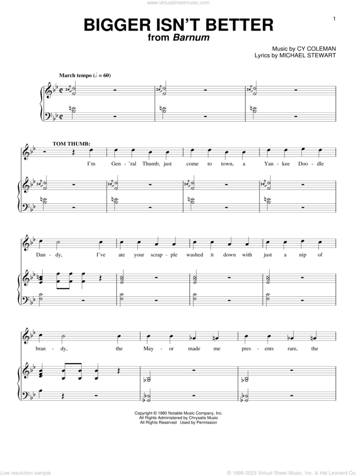 Bigger Isn't Better sheet music for voice and piano by Cy Coleman and Michael Stewart, intermediate skill level