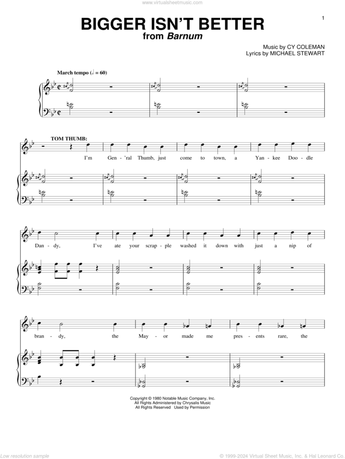 Bigger Isn't Better sheet music for voice and piano by Cy Coleman and Michael Stewart, intermediate skill level