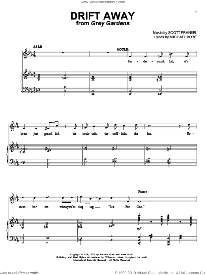 Drift Away sheet music for voice and piano by Michael Korie and Scott Frankel, intermediate skill level