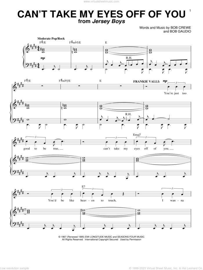 Can't Take My Eyes Off Of You (from Jersey Boys) sheet music for voice and piano by Frankie Valli & The Four Seasons, Frankie Valli, The Four Seasons, Bob Crewe and Bob Gaudio, wedding score, intermediate skill level
