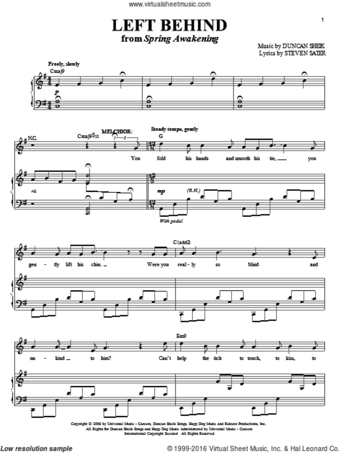Left Behind sheet music for voice and piano by Duncan Sheik, Spring Awakening (Musical) and Steven Sater, intermediate skill level