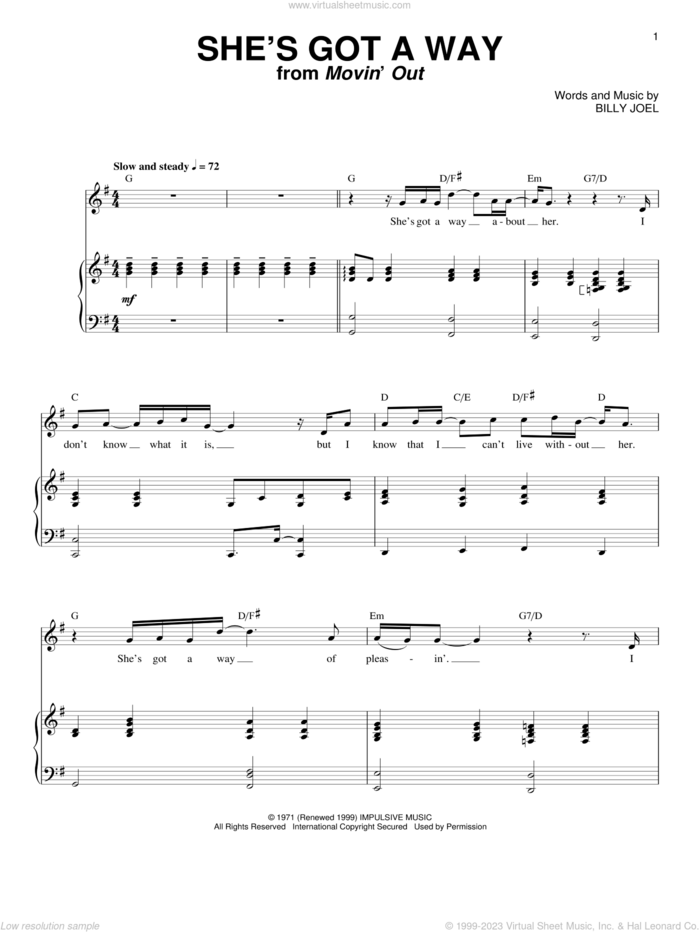 She's Got A Way sheet music for voice and piano by Billy Joel, intermediate skill level