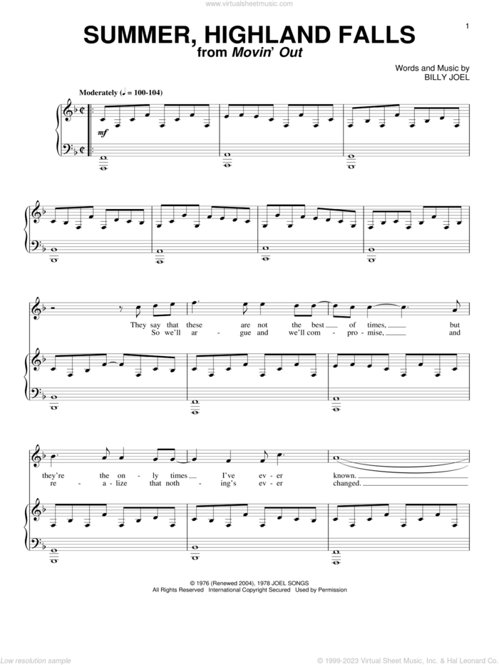 Summer, Highland Falls sheet music for voice and piano by Billy Joel, intermediate skill level