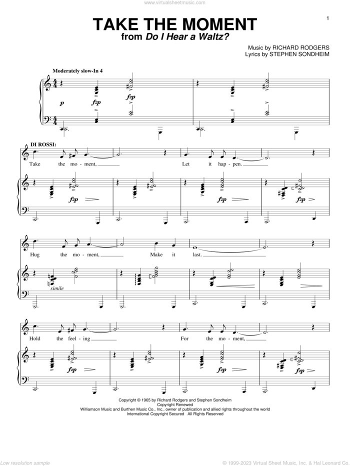 Take The Moment (from Do I Hear A Waltz?) sheet music for voice and piano by Stephen Sondheim and Richard Rodgers, intermediate skill level