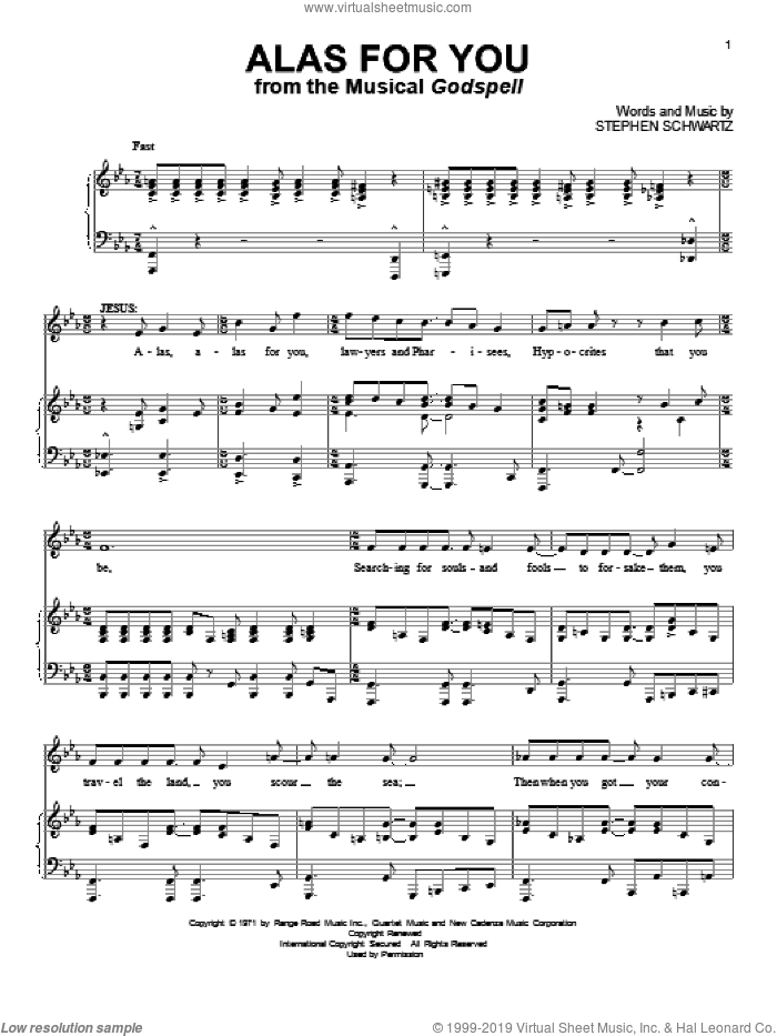 Alas For You sheet music for voice and piano by Stephen Schwartz, intermediate skill level