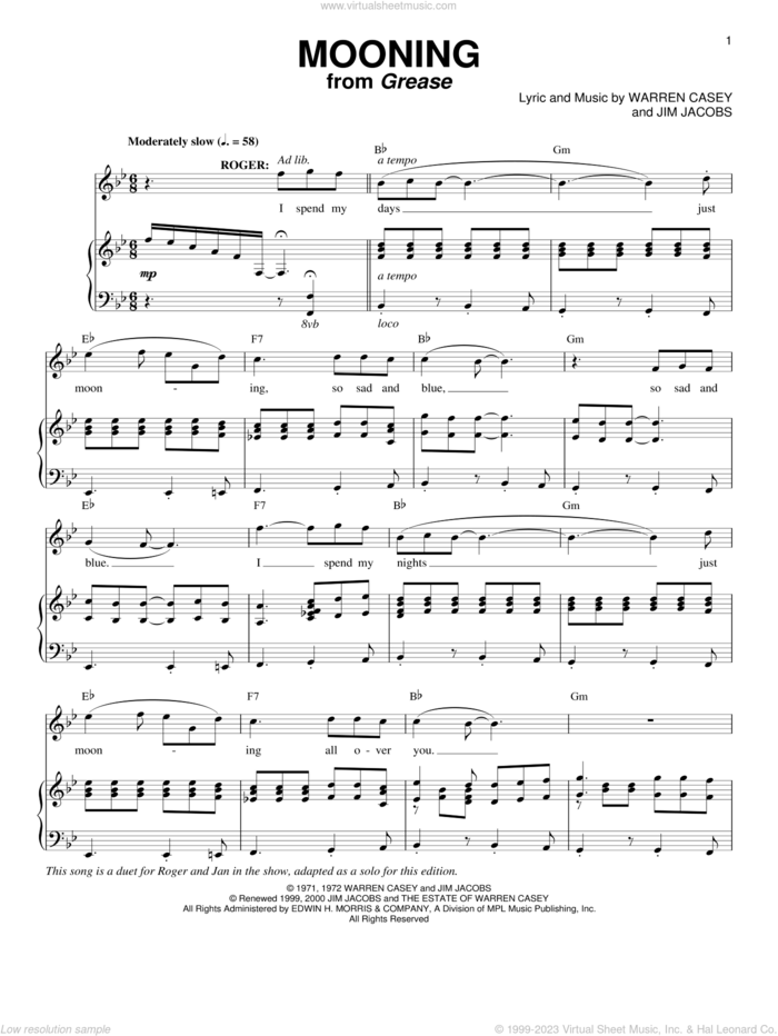 Mooning (from Grease) sheet music for voice and piano by Jim Jacobs and Warren Casey, intermediate skill level