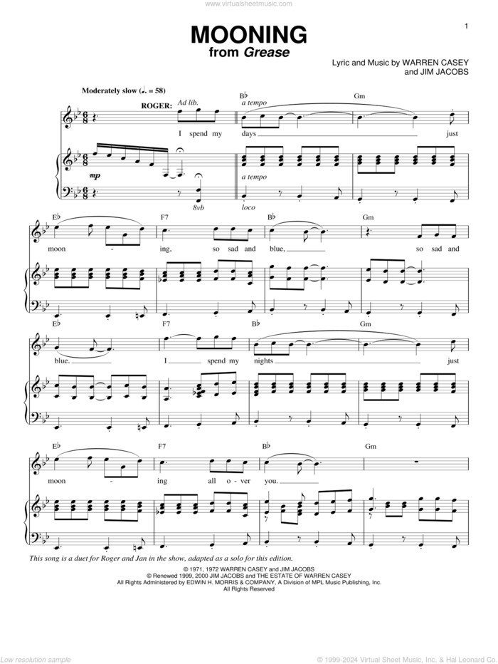 Mooning (from Grease) sheet music for voice and piano by Jim Jacobs and Warren Casey, intermediate skill level