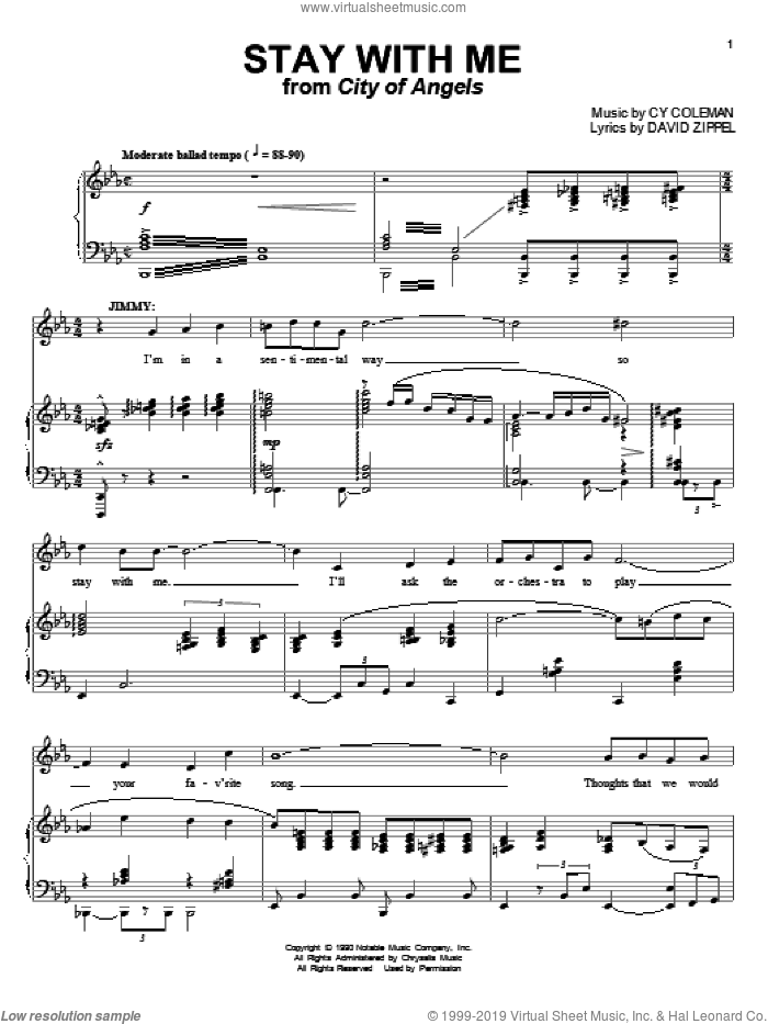 Stay With Me sheet music for voice and piano by Cy Coleman, City Of Angels (Musical) and David Zippel, intermediate skill level