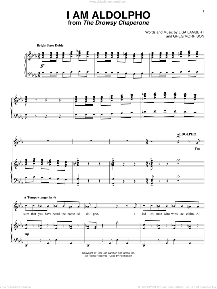 I Am Aldolpho sheet music for voice and piano by Lisa Lambert and Greg Morrison, intermediate skill level