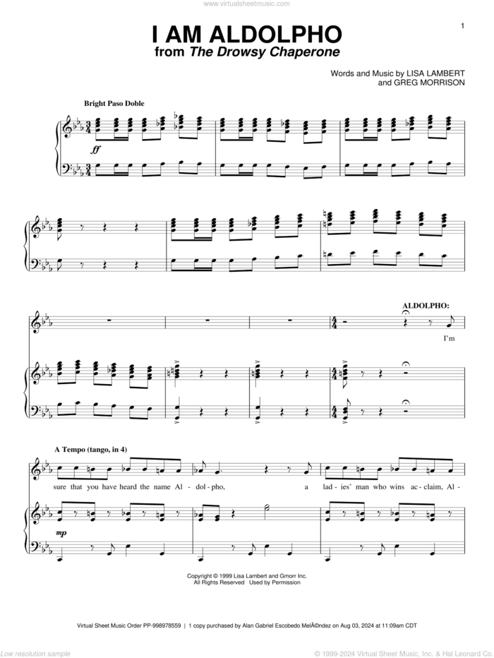 I Am Aldolpho sheet music for voice and piano by Lisa Lambert and Greg Morrison, intermediate skill level