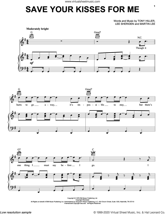 Save Your Kisses For Me sheet music for voice, piano or guitar by Brotherhood Of Man, Lee Sheriden, Martin Lee and Tony Hiller, intermediate skill level
