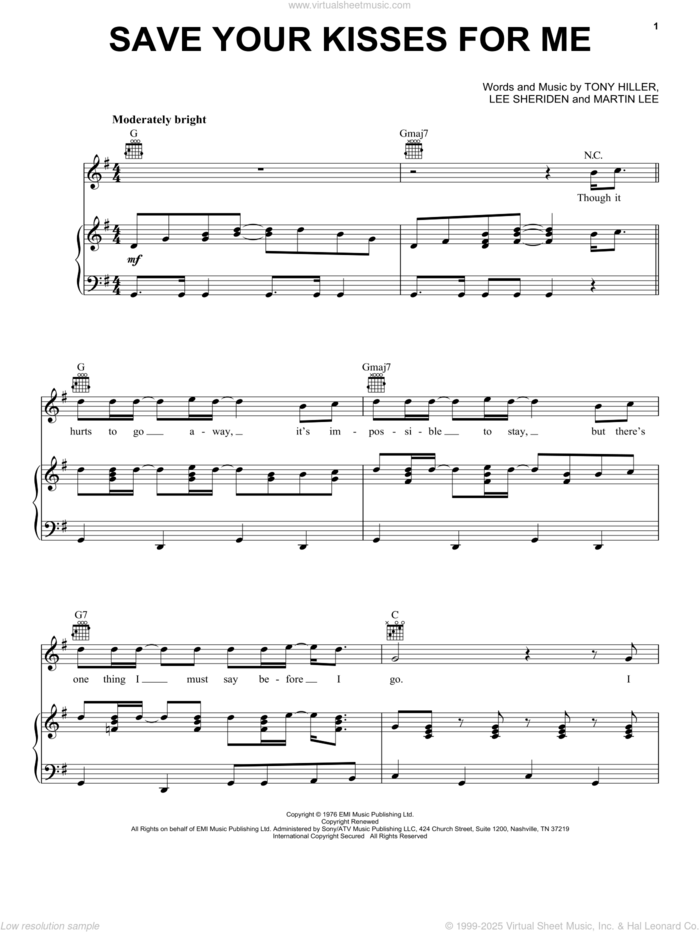 Save Your Kisses For Me sheet music for voice, piano or guitar by Brotherhood Of Man, Lee Sheriden, Martin Lee and Tony Hiller, intermediate skill level