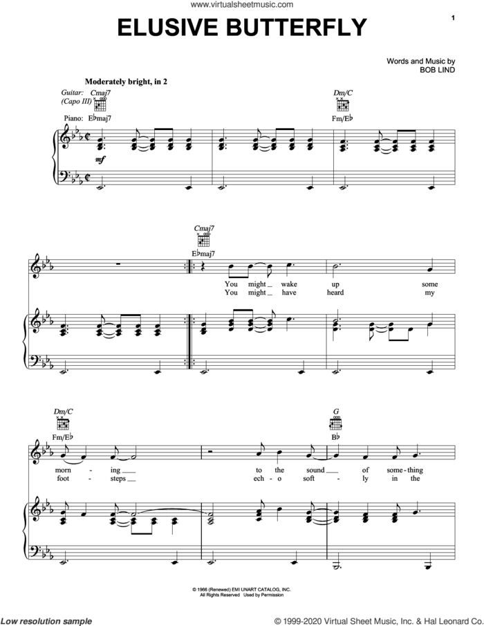 Elusive Butterfly sheet music for voice, piano or guitar by Bob Lind, intermediate skill level