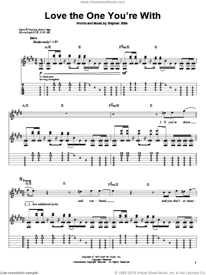 Love The One You're With sheet music for guitar (tablature, play-along) by Crosby, Stills & Nash, The Isley Brothers and Stephen Stills, intermediate skill level