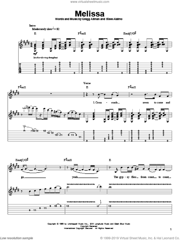 Melissa sheet music for guitar (tablature, play-along) by Allman Brothers Band, The Allman Brothers Band, Gregg Allman and Steve Alaimo, intermediate skill level