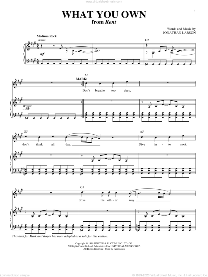 What You Own (from Rent) sheet music for voice and piano by Jonathan Larson, intermediate skill level