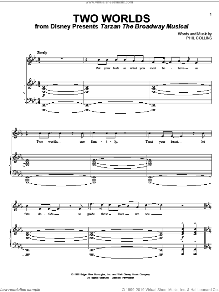 Two Worlds sheet music for voice and piano by Phil Collins, intermediate skill level