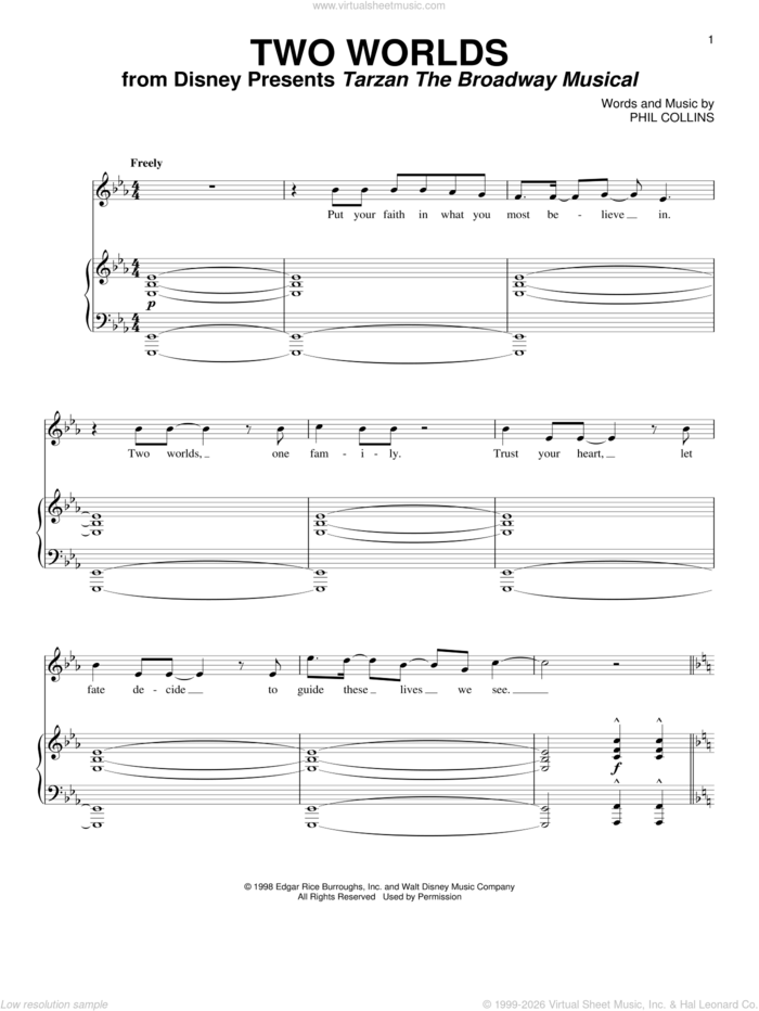 Two Worlds sheet music for voice and piano by Phil Collins, intermediate skill level