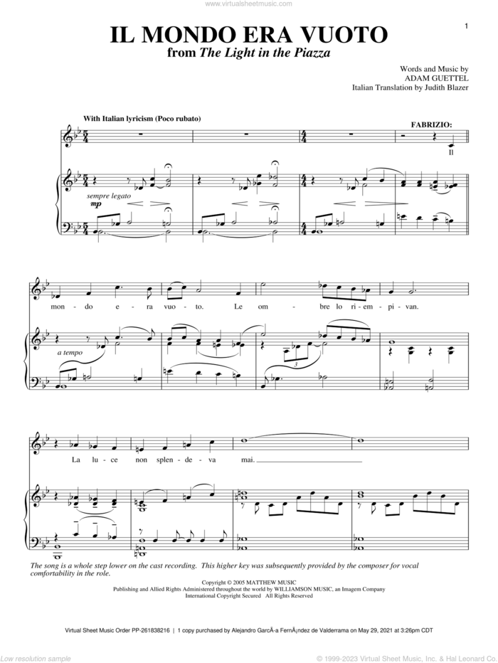 Il Mondo Era Vuoto (from The Light In The Piazza) sheet music for voice and piano by Adam Guettel, The Light In The Piazza (Musical) and Judith Blazer, intermediate skill level