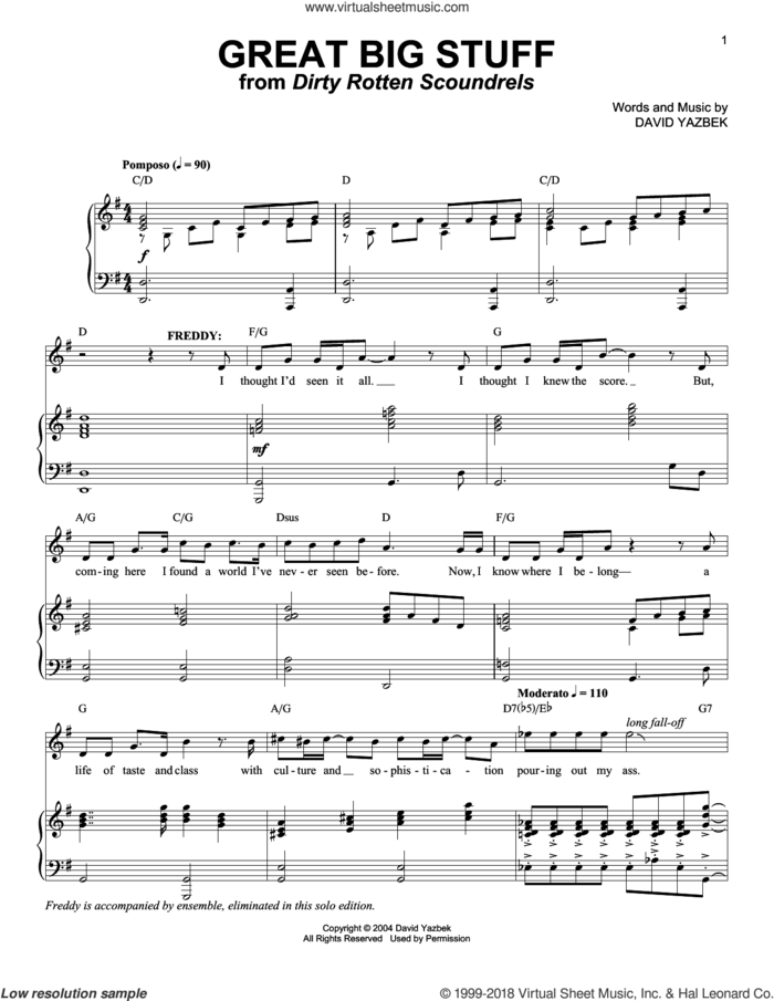 Great Big Stuff sheet music for voice and piano by David Yazbek, intermediate skill level