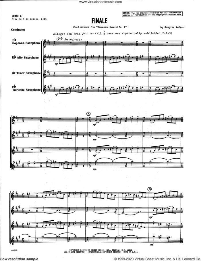 Finale (third movement from Saxophone Quartet No. 1) (COMPLETE) sheet music for saxophone quartet by Douglas Walter, intermediate skill level