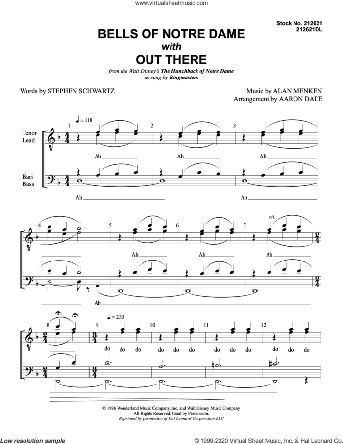 The Bells Of Notre Dame (with Out There) (arr. Aaron Dale) sheet music for choir (TTBB: tenor, bass) by Alan Menken, Aaron Dale, Alan Menken & Stephen Schwartz and Stephen Schwartz, intermediate skill level