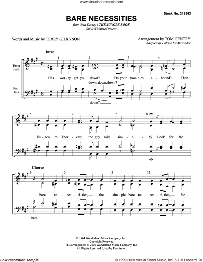 Bare Necessities (from The Jungle Book) (arr. Tom Gentry) sheet music for choir (SATB: soprano, alto, tenor, bass) by Terry Gilkyson and Tom Gentry, intermediate skill level