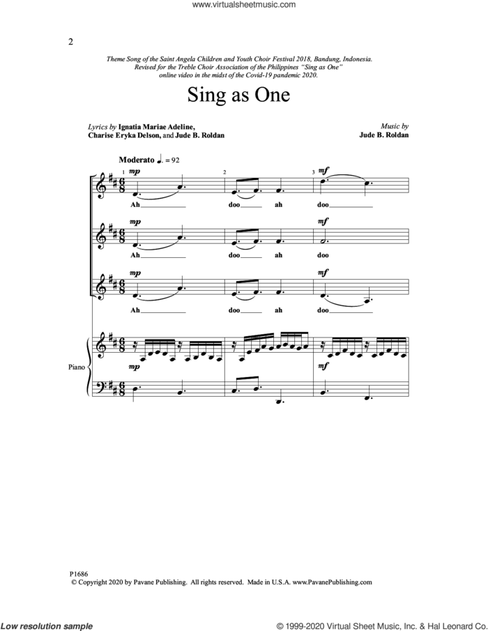 Sing as One sheet music for choir (3-Part Mixed) by Jude Roldan, intermediate skill level
