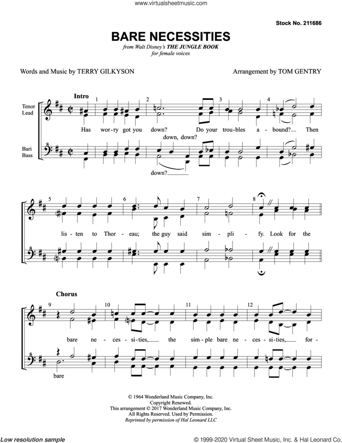 Bare Necessities (from The Jungle Book) (arr. Tom Gentry) sheet music for choir (SSAA: soprano, alto) by Terry Gilkyson and Tom Gentry, intermediate skill level