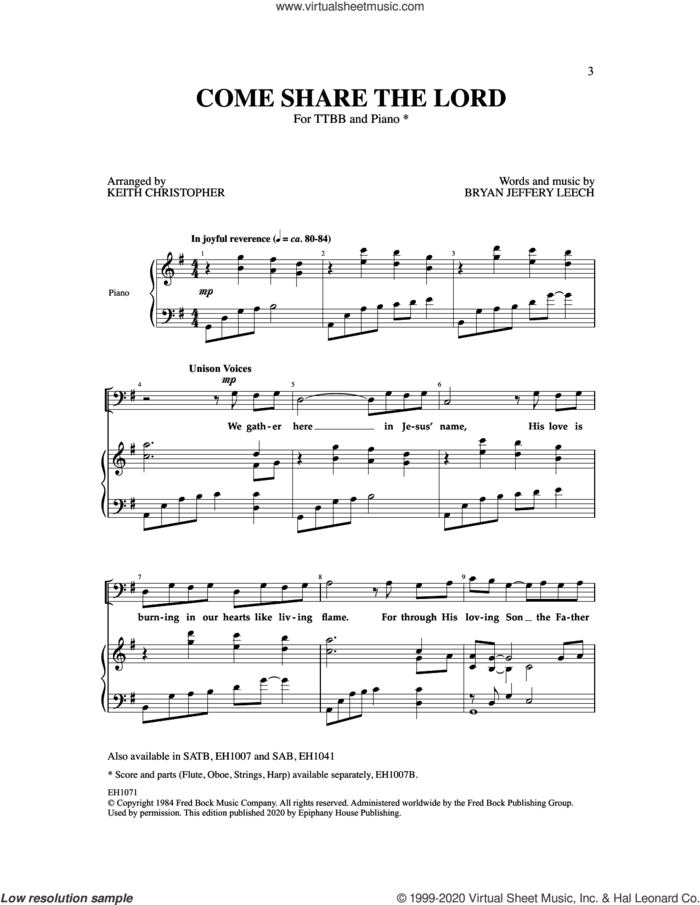 Come Share The Lord sheet music for choir (TTBB: tenor, bass) by Bryan Jeffery Leech and Keith Christopher, intermediate skill level