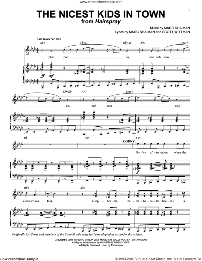The Nicest Kids In Town sheet music for voice and piano by Marc Shaiman, Hairspray (Musical) and Scott Wittman, intermediate skill level