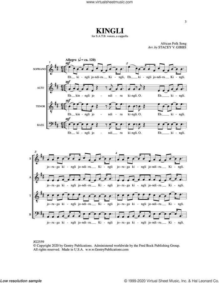 Kingli sheet music for choir (SATB: soprano, alto, tenor, bass) by Stacey Gibbs, intermediate skill level