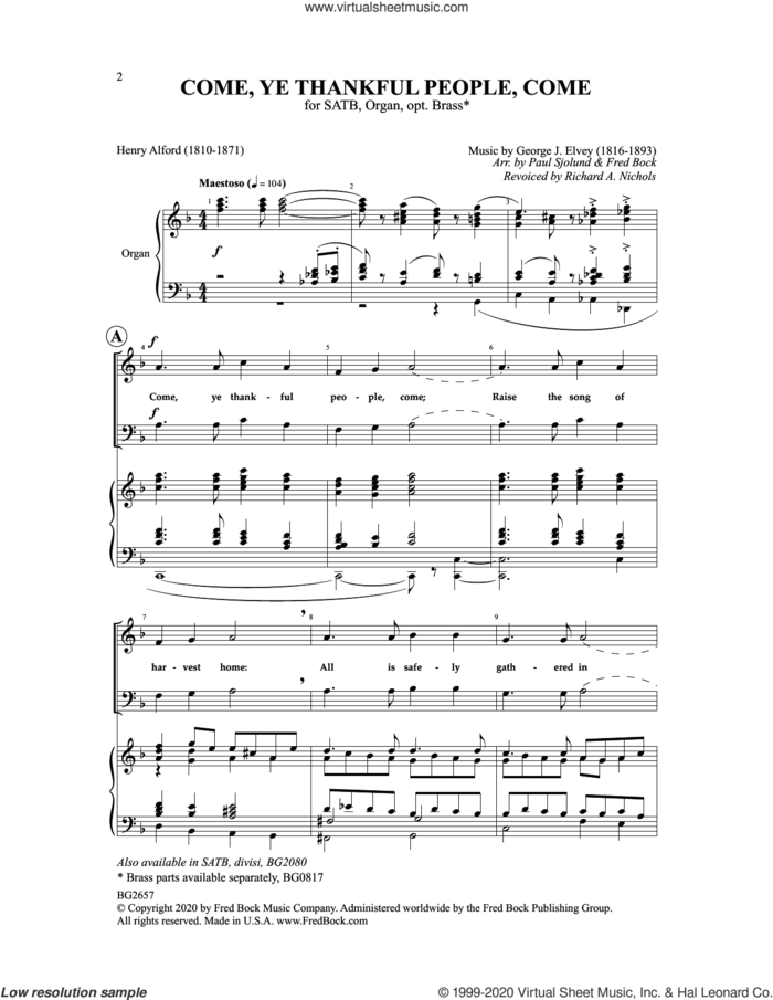 Come, Ye Thankful People, Come sheet music for choir (SATB: soprano, alto, tenor, bass) by Paul Sjolund, Fred Bock & Richard A. Nichols, Fred Bock, Paul Sjolund, H. Alford and G.J. Elvey, intermediate skill level