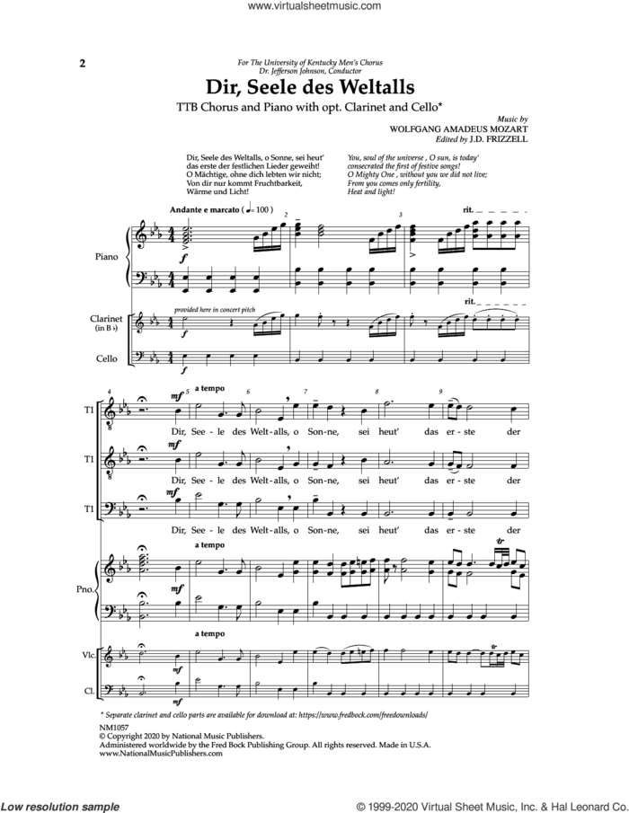 Dir, Seele Des Weltalls sheet music for choir (TTB: tenor, bass) by Wolfgang Amadeus Mozart and J.D. Frizzell, intermediate skill level