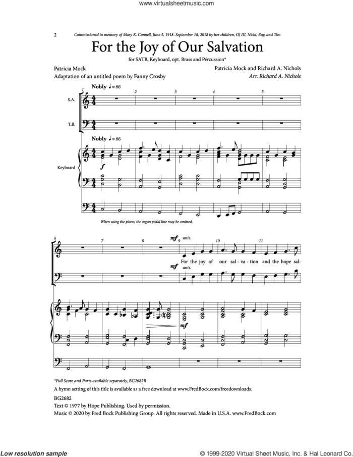 For The Joy Of Our Salvation sheet music for choir (SATB: soprano, alto, tenor, bass) by Patricia Mock, Richard A. Nichols and Fanny Crosby, intermediate skill level