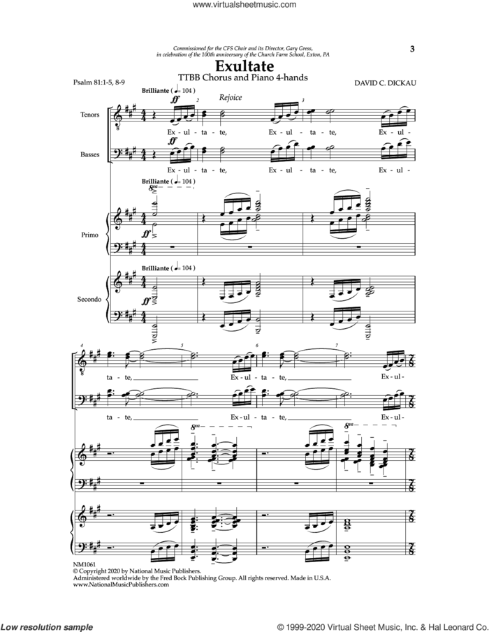 Exultate sheet music for choir (TTBB: tenor, bass) by David C. Dickau, intermediate skill level