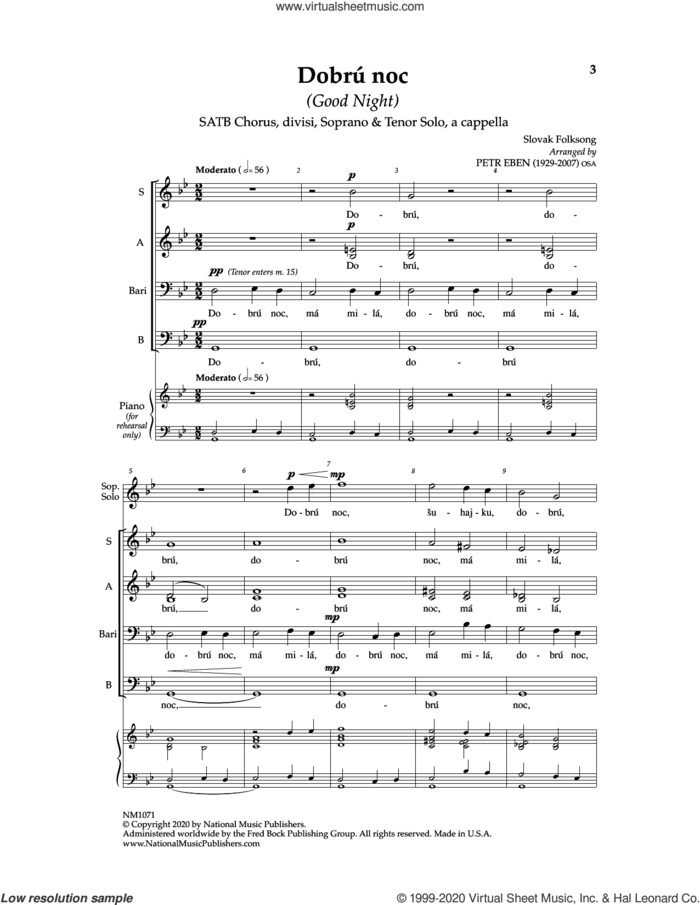 Dobru Noc (Good Night) sheet music for choir (SATB: soprano, alto, tenor, bass) by Petr Eben, intermediate skill level