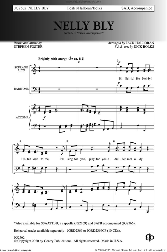 Nelly Bly sheet music for choir (SAB: soprano, alto, bass) by Stephen Foster, Dick Bolks, Jack Halloran and Jack Halloran & Dick Bolks, intermediate skill level