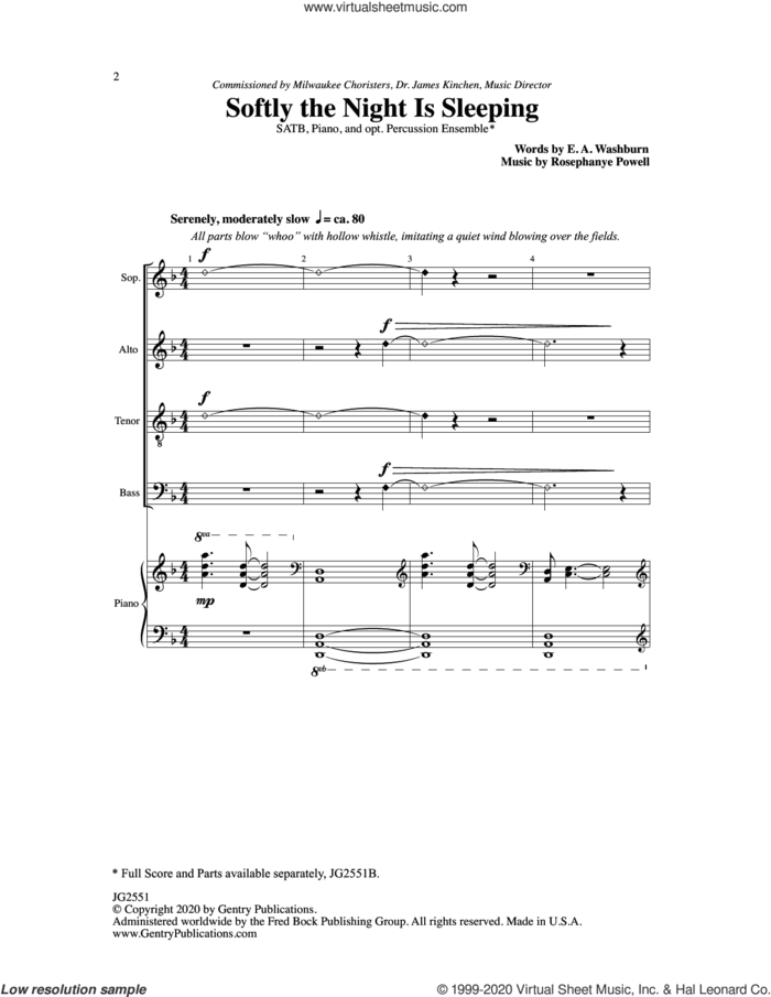 Softly The Night Is Sleeping sheet music for choir (SATB: soprano, alto, tenor, bass) by Rosephanye Powell, intermediate skill level